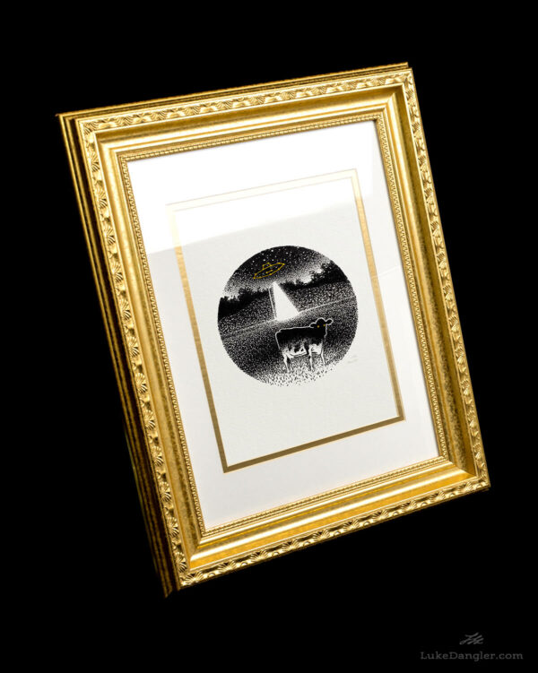 Cow UFO Alien Abduction Print Framed Framed Gold