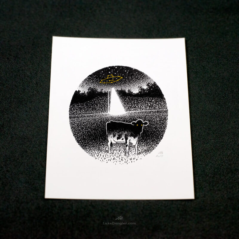 Cow UFO Alien Abduction Print Framed