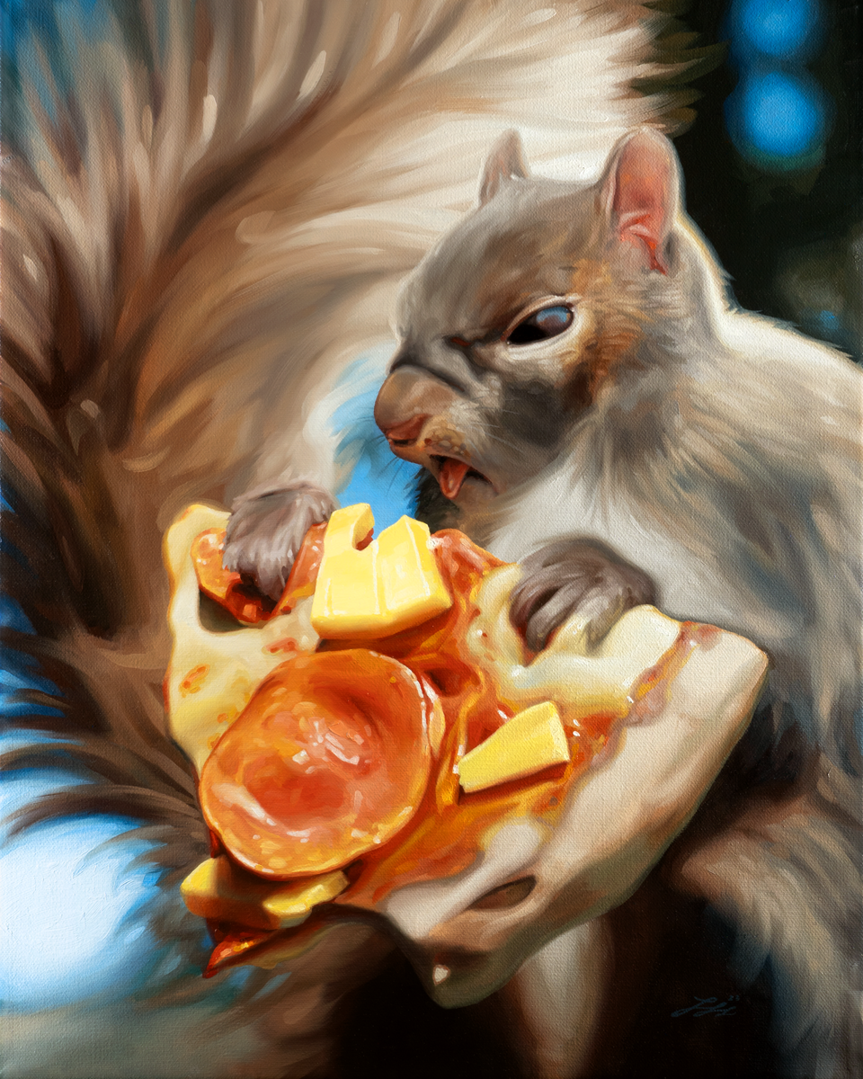 Squirrel Eating Pizza - Oil on Canvas